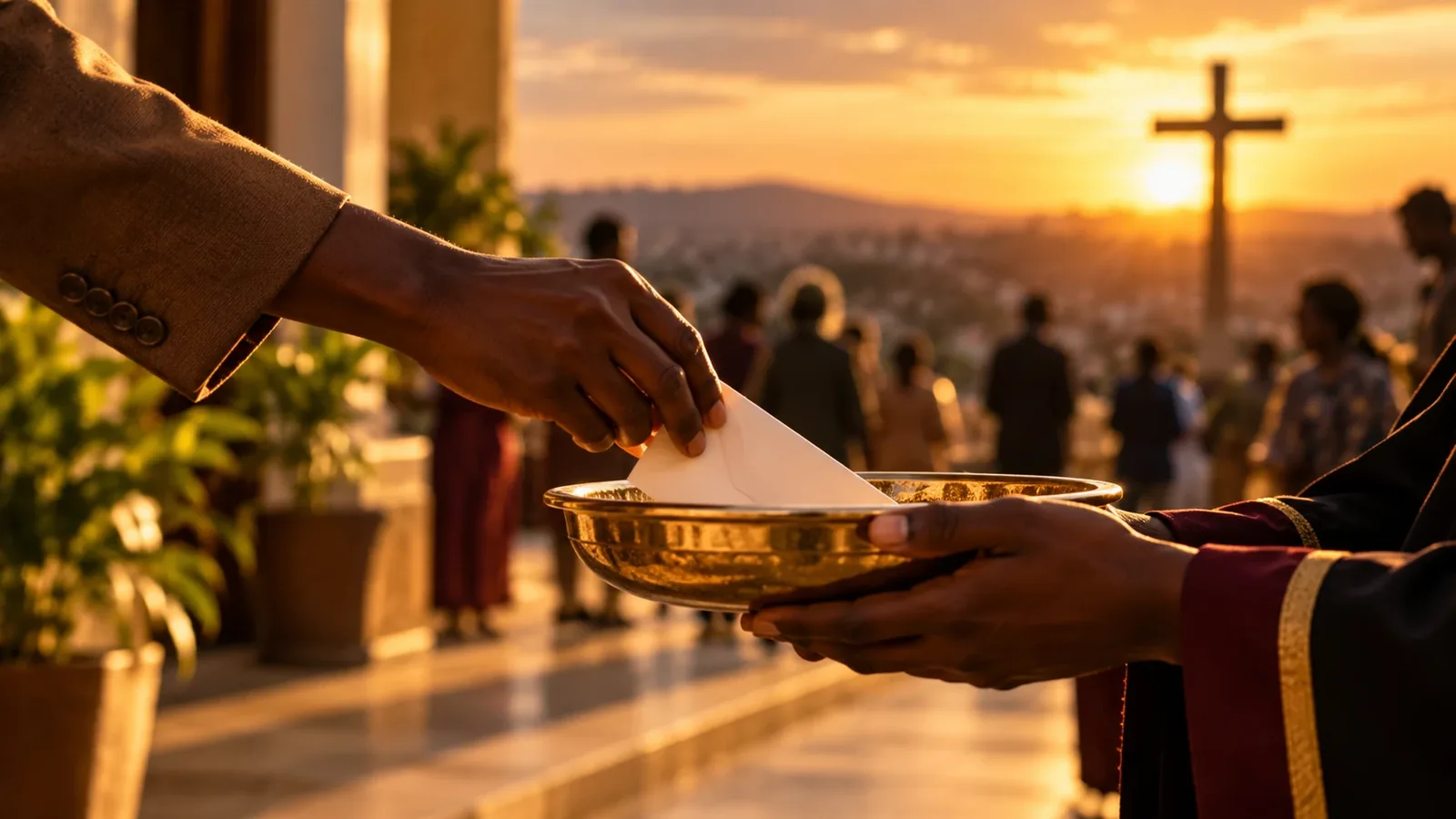 A hand placing an offering into a collection bowl at sunset