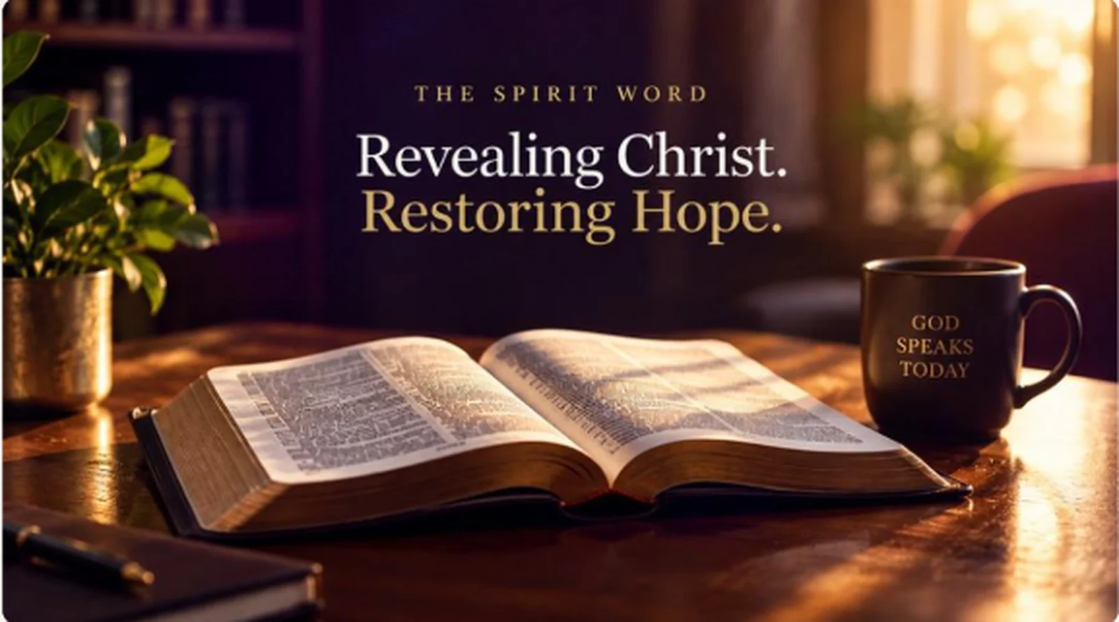 An open Bible on a desk beside a mug, captioned The Spirit Word